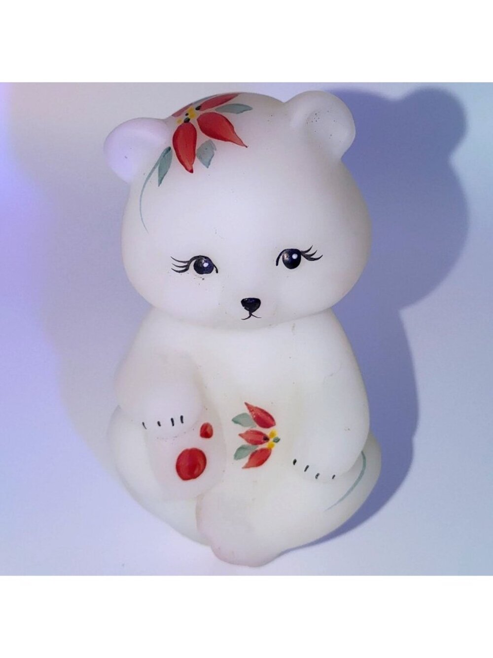 Fenton Mini Glass Bear 5251 White Satin HP Poinsettia Jillie Bear Special Order